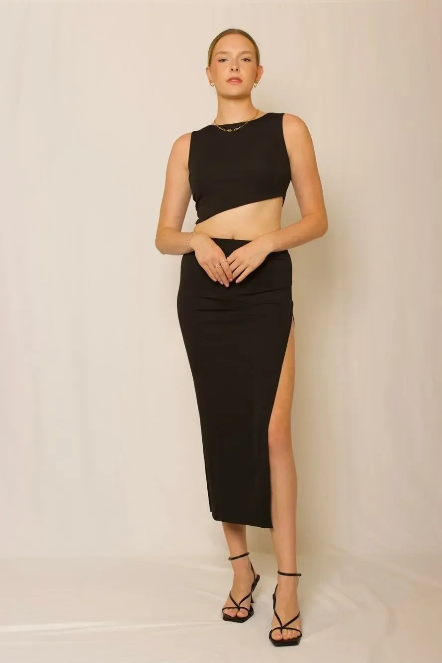 Julianne Bartolotta Black Side Slit Crop Tank Top Midi 2 Piece Skirt Set Size S